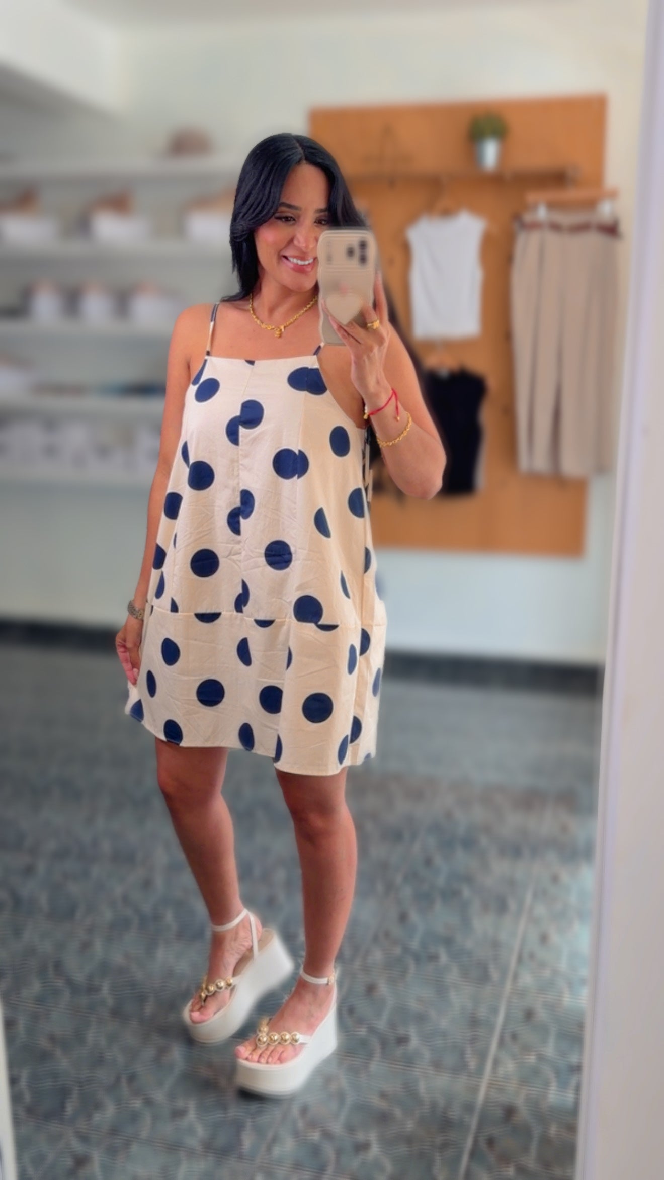 Cream/ Navy Polka Dot Barrel Dress