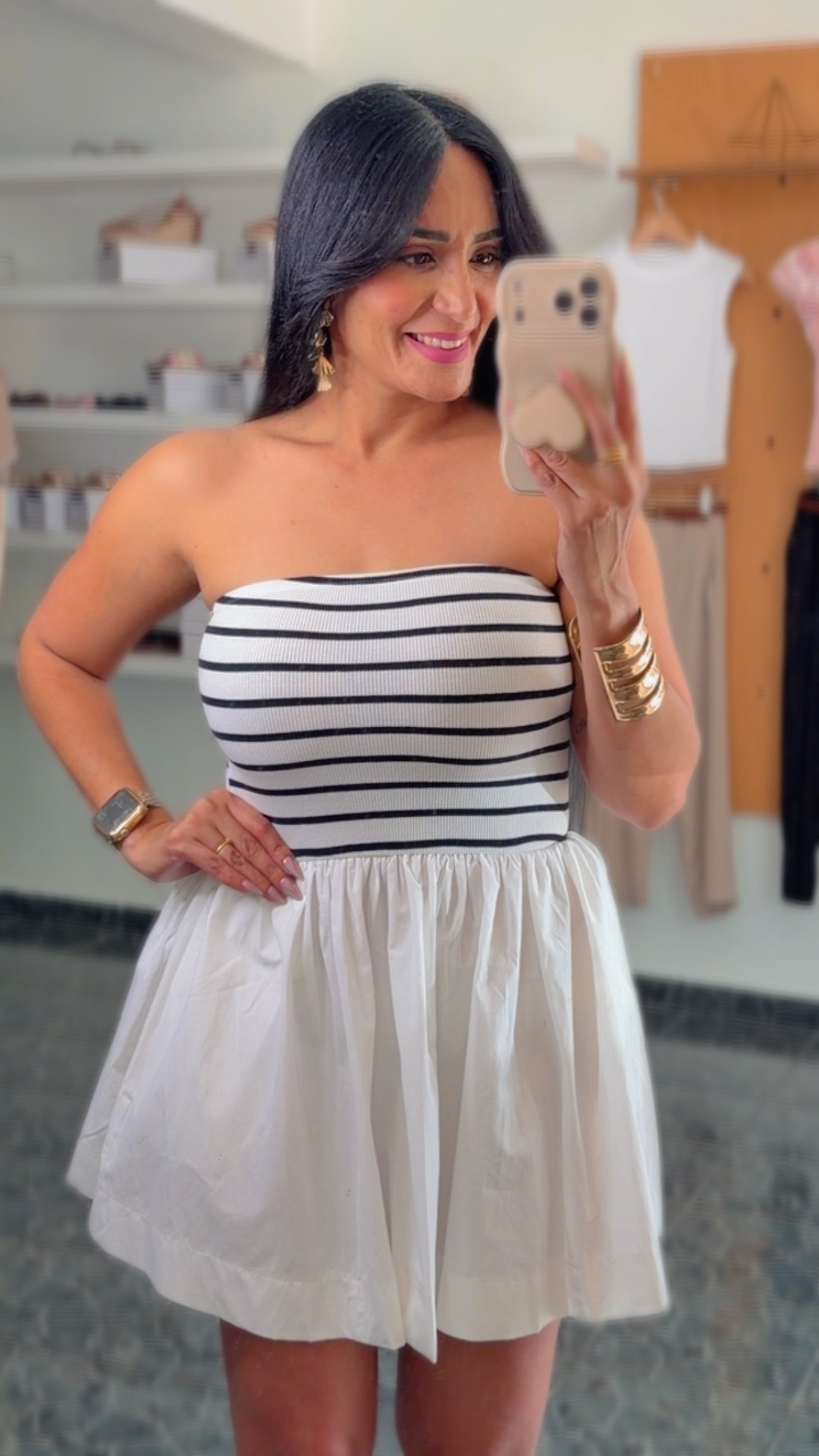 White/ Black Striped Strapless Dress