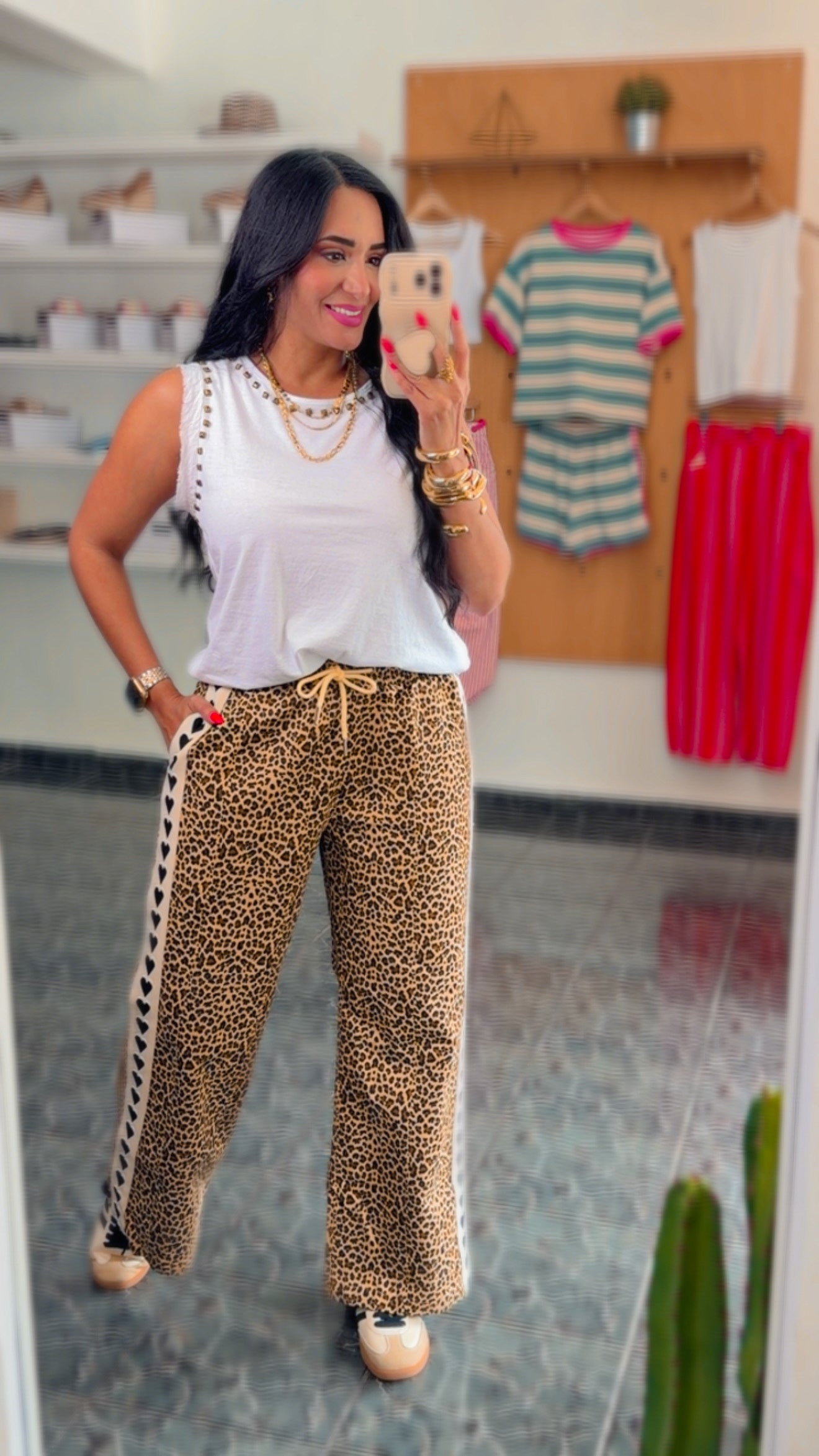 Leopard Heart Detail Wide Leg Pant