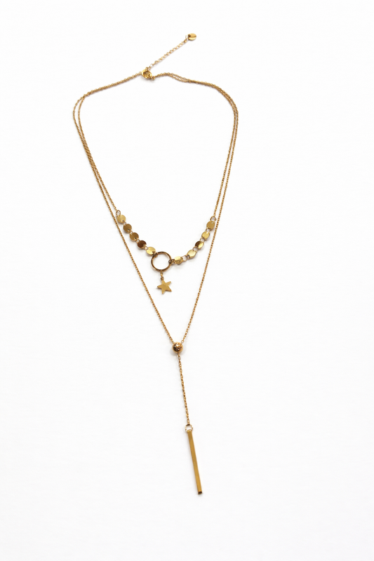 18K Gold Pleated Waterproof Stainless Steel Stars & Ball Layered Necklace
