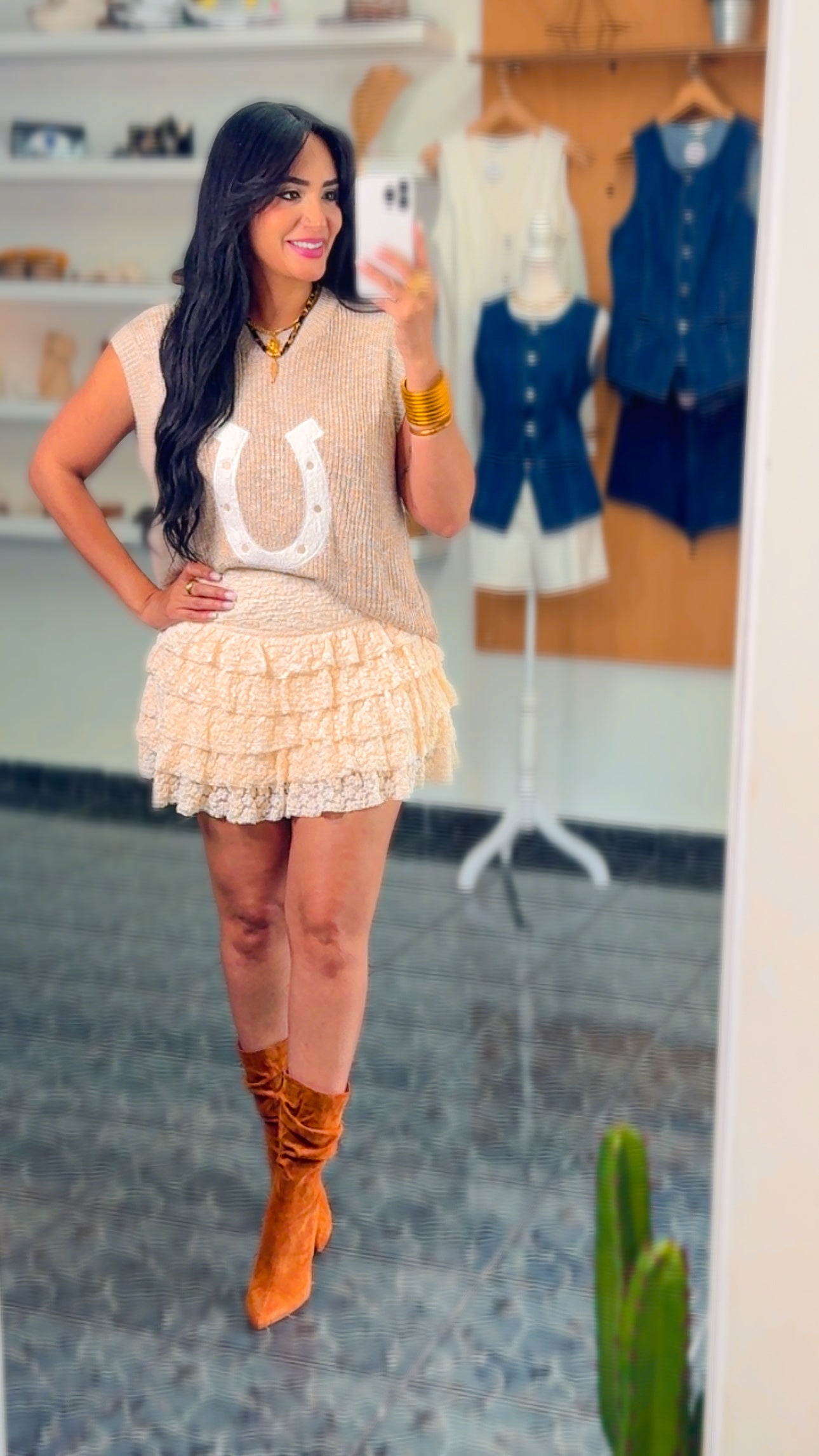 Taupe Horseshoes Crochet Top