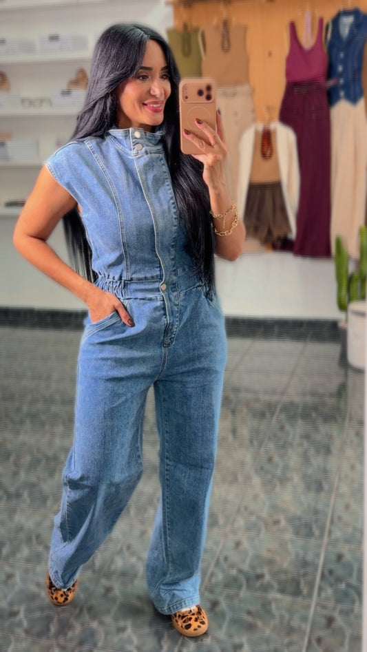 High Neck Zip Denim Jumpsuit