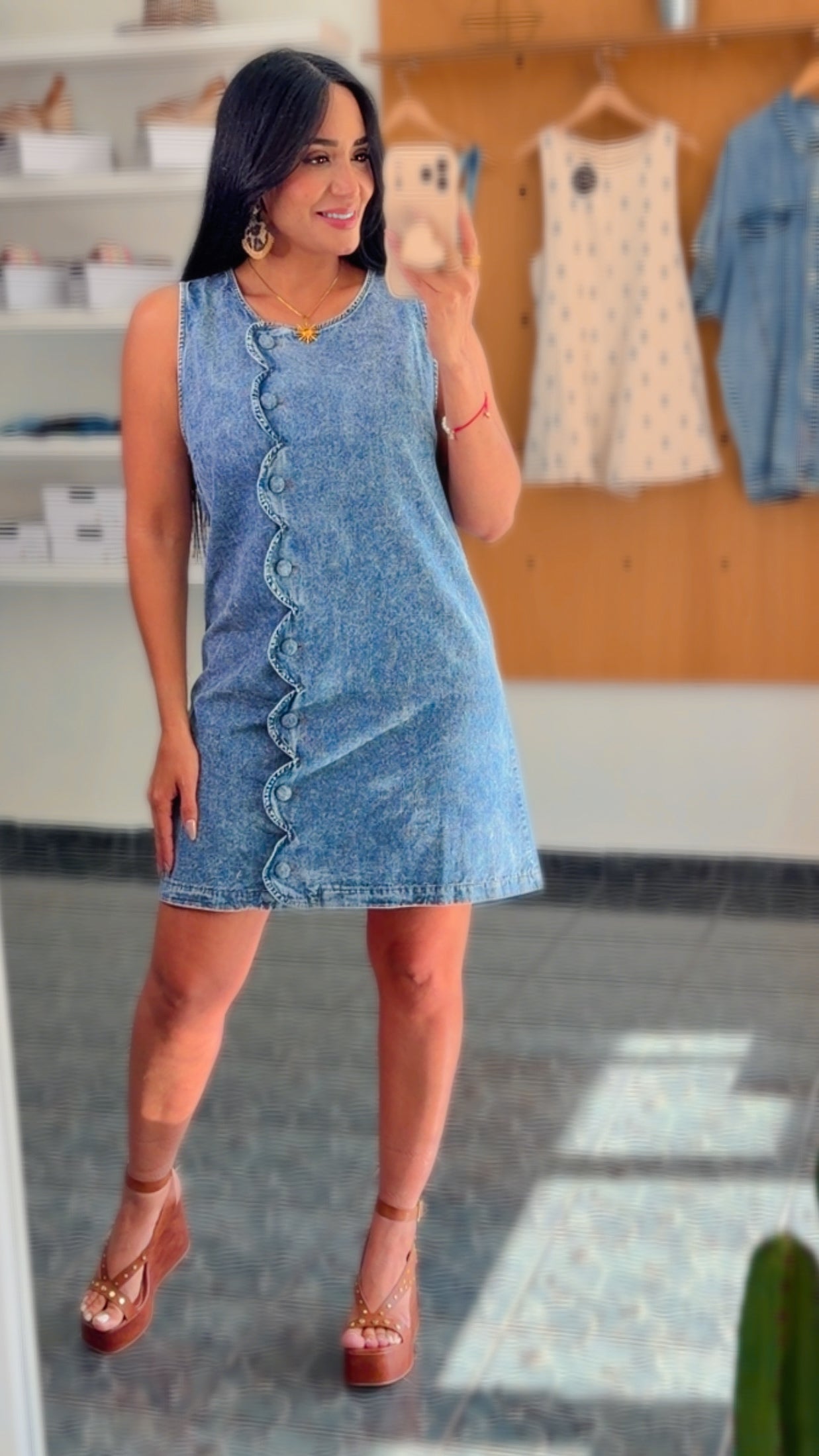 Scallop Button Vintage Denim Wash Dress
