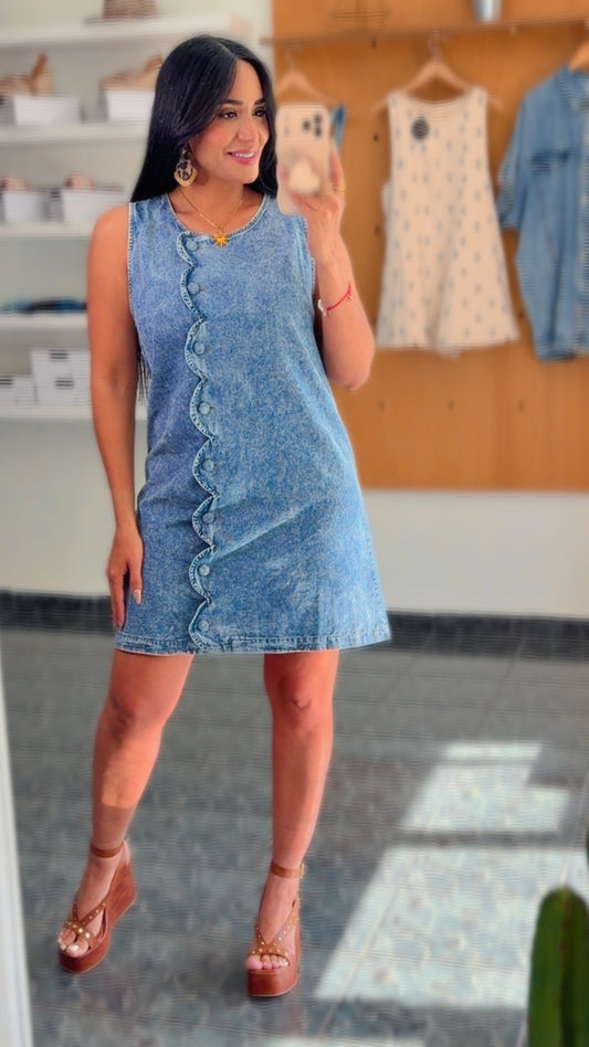 Scallop Button Vintage Denim Wash Dress