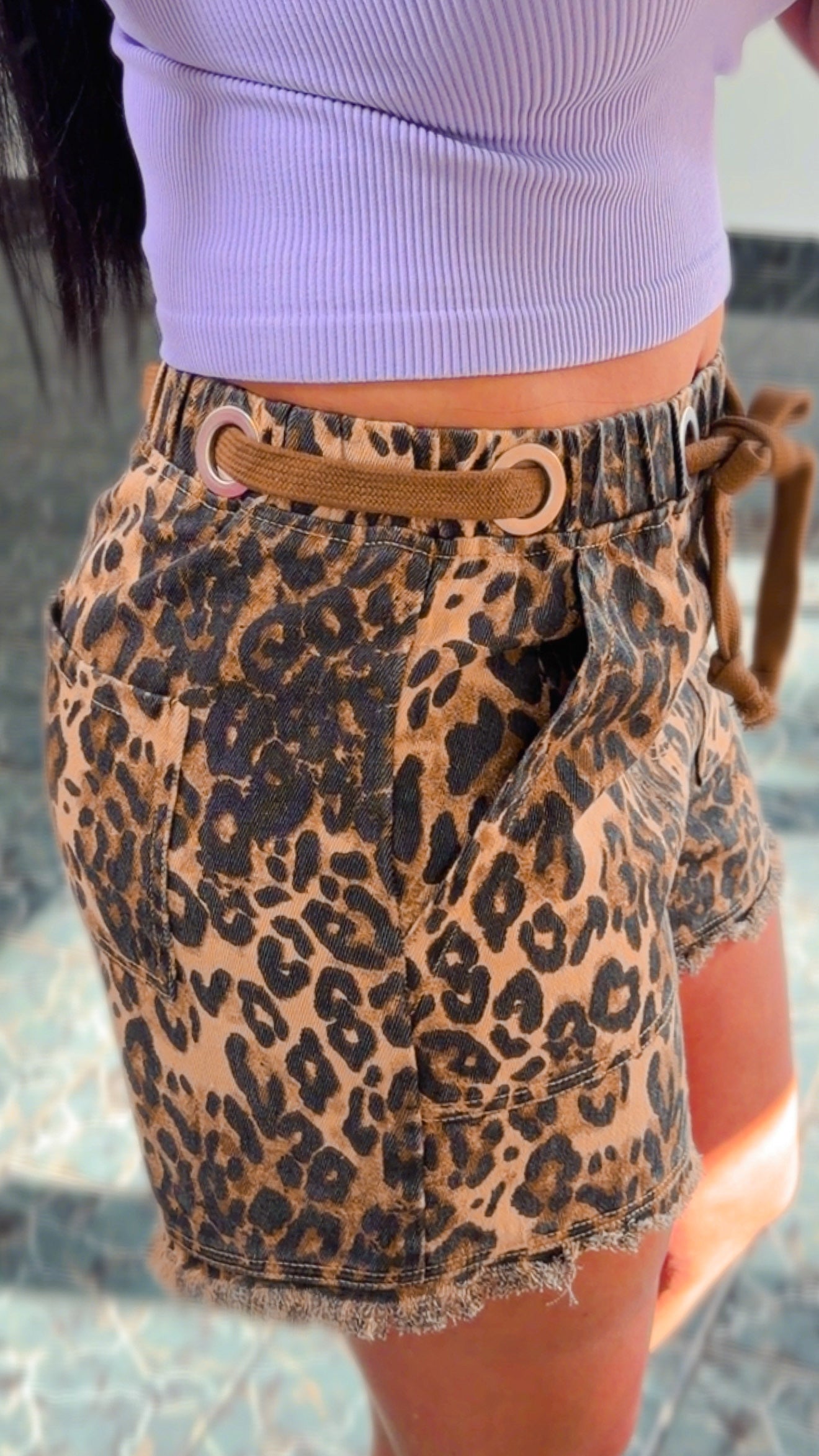Animal Print Frayed Hem Denim Shorts