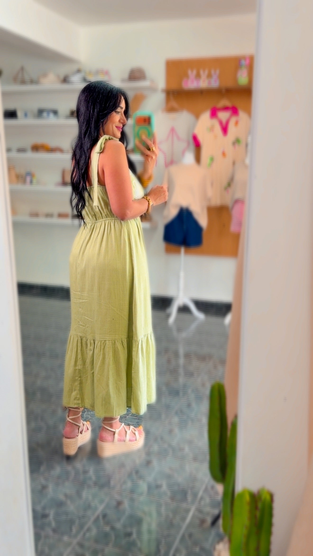 Sage Embroidery Linen Midi Dress