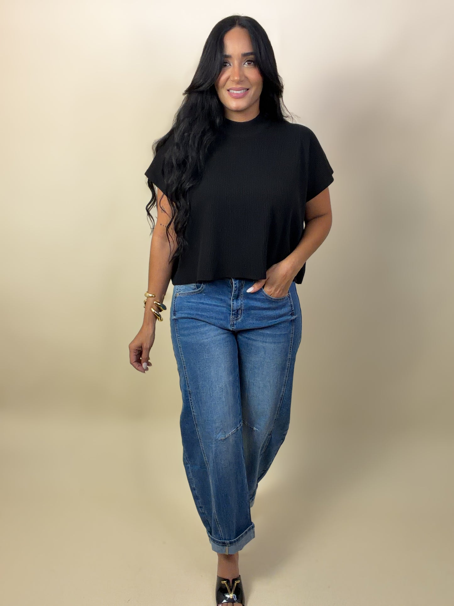 Black Viscose Mock Neck Boxy Sweater