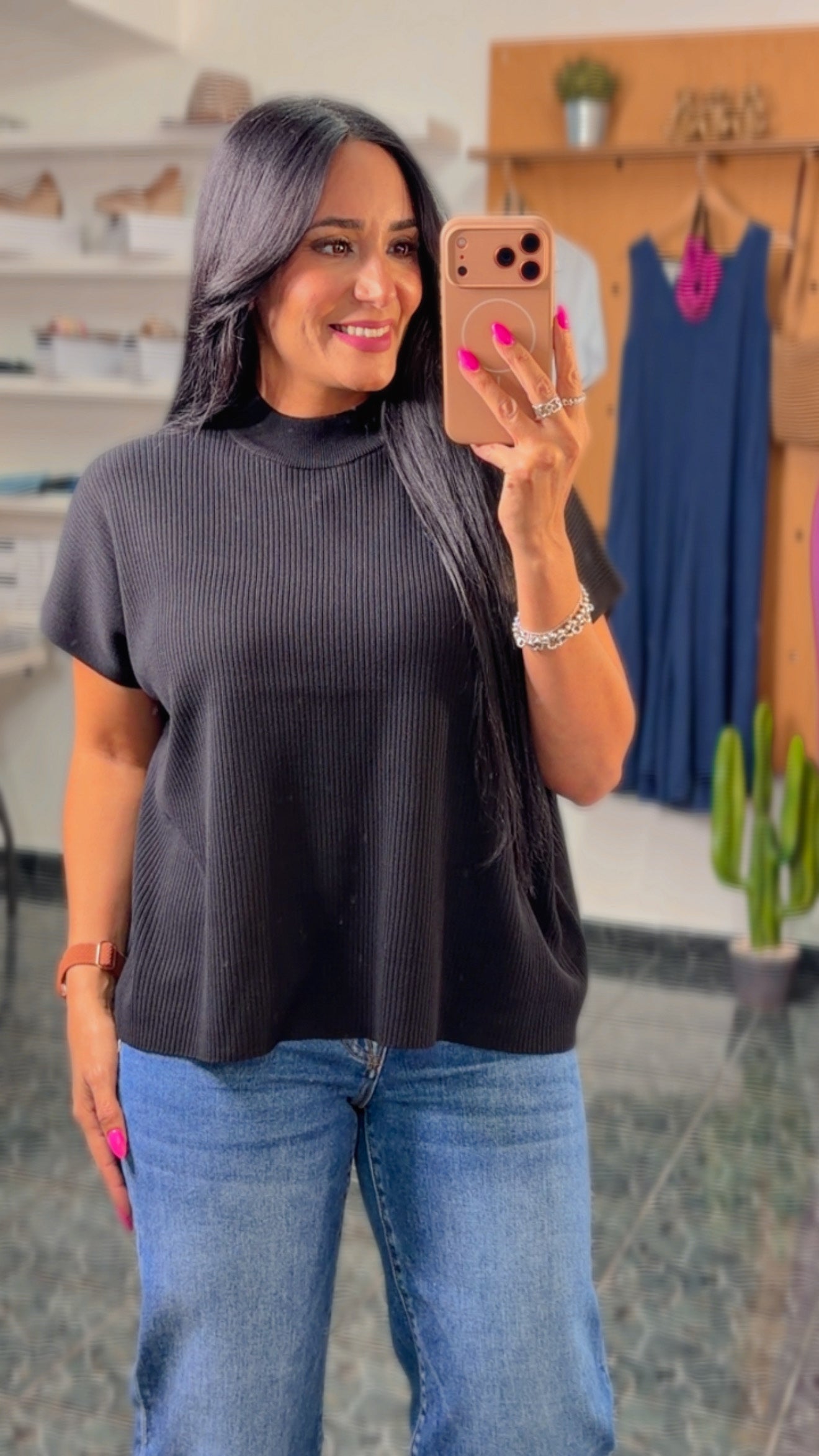 Black Viscose Mock Neck Sweater Top