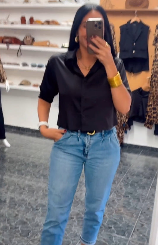 Black Satin Cropped Button Down Top