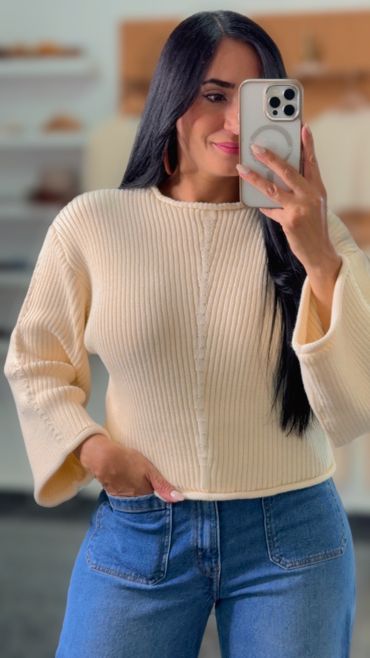Cream Knit Flared Sleeves Sweater