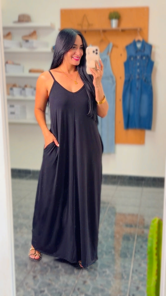 Black V Neck Cami Pocket Maxi Dress