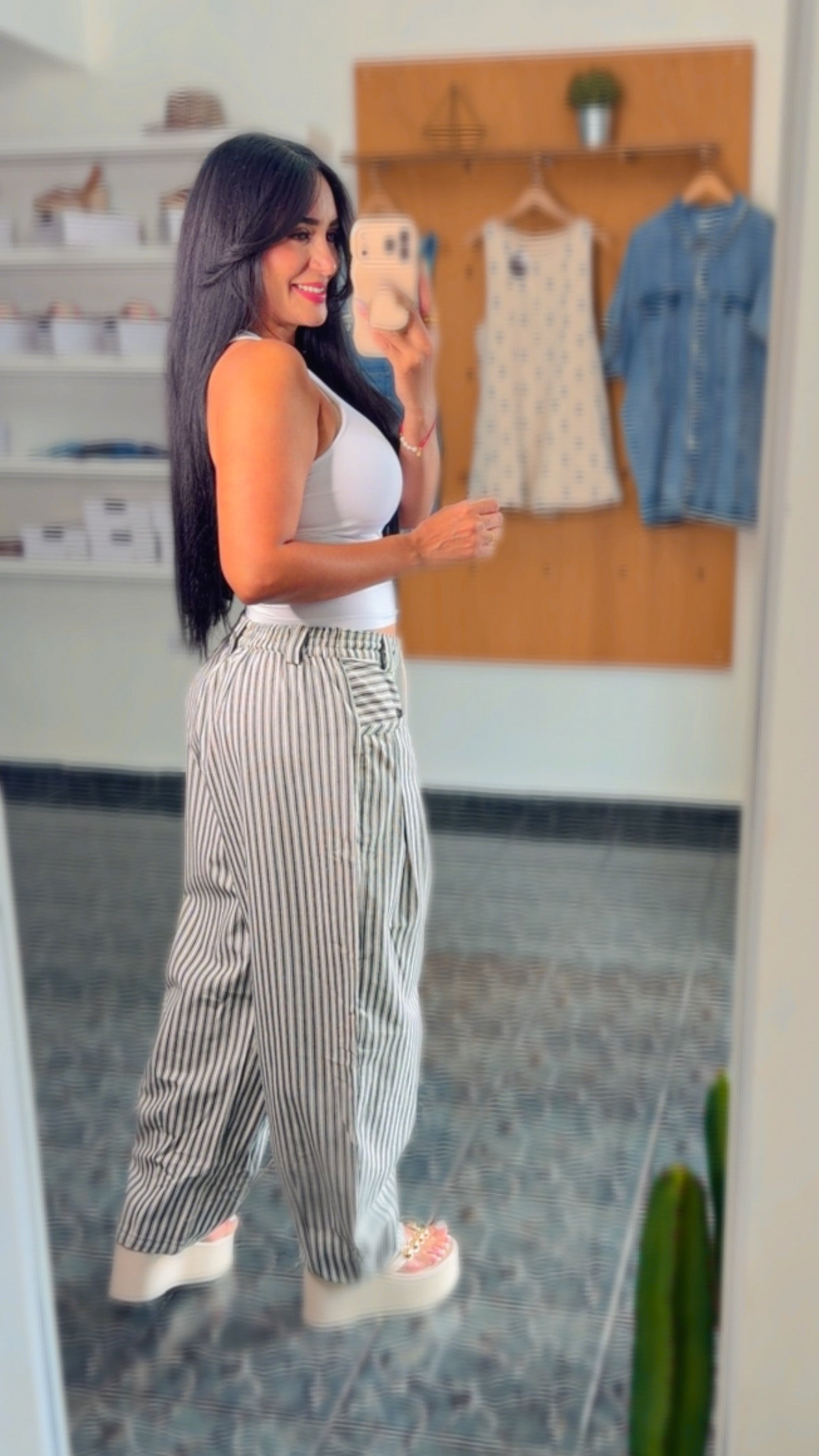 Green Striped Barrel Denim Pants