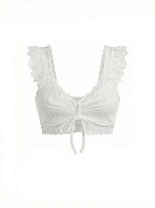 White Ribbed Lace UP Bra Onesize