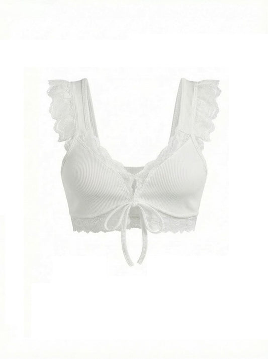 White Ribbed Lace UP Bra Onesize