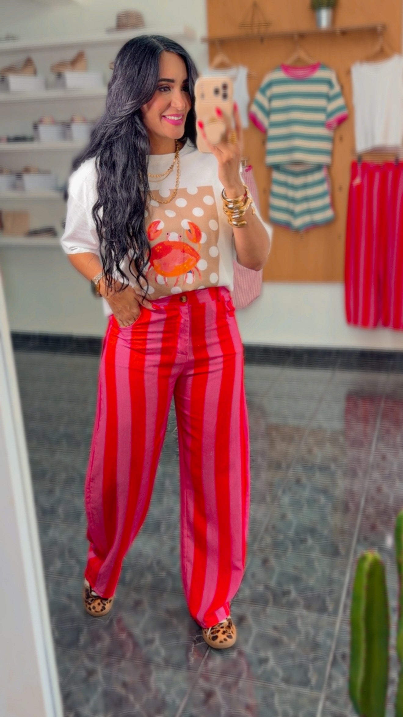 ITALY Red/Pink Linen Striped Pants