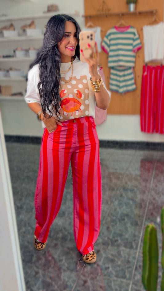 ITALY Red/Pink Linen Striped Pants