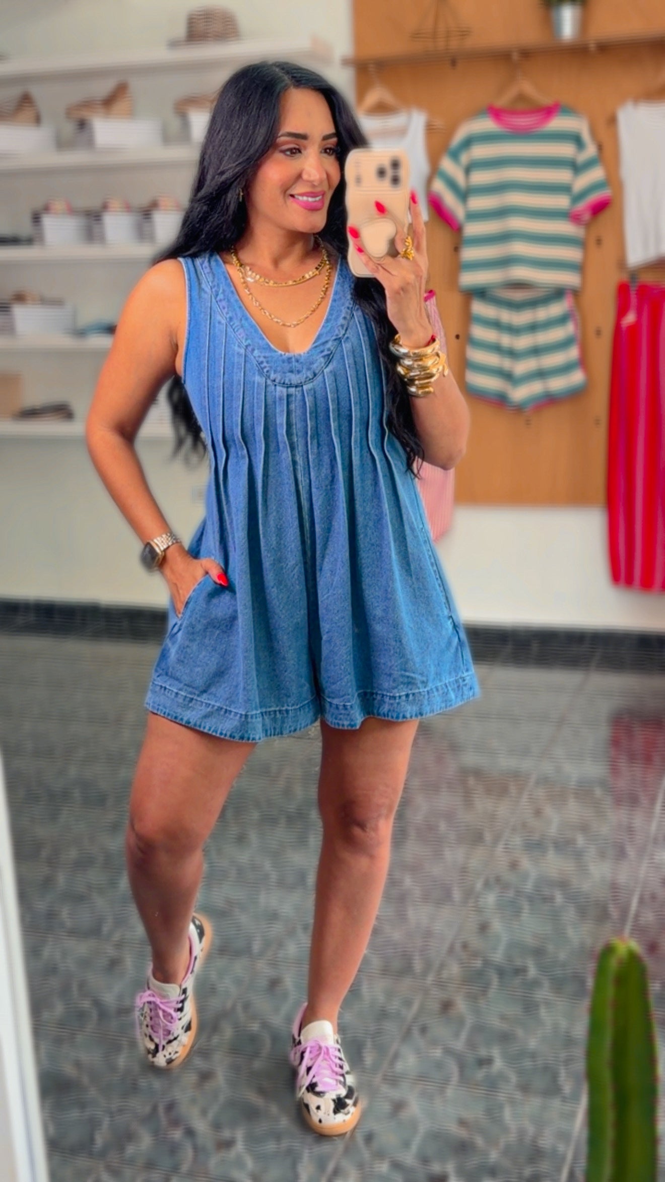 Pleated V Neck Denim Romper