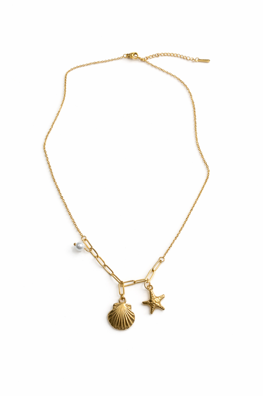 18K Gold Pleated Waterproof Stainless Steel Sea Shell Layered Necklace