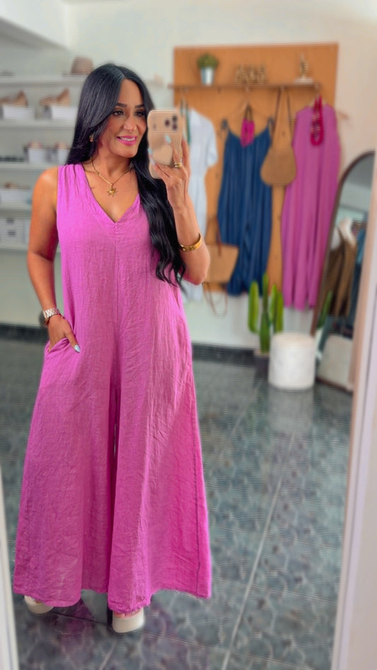 Italy Magenta Linen Jumpsuit