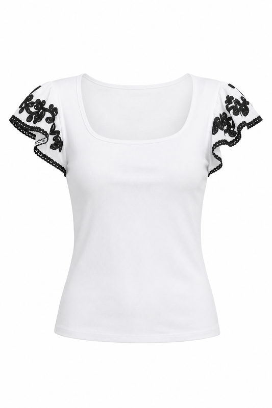 White Ribbed Knit Embroidered Flutter Sleeves Top
