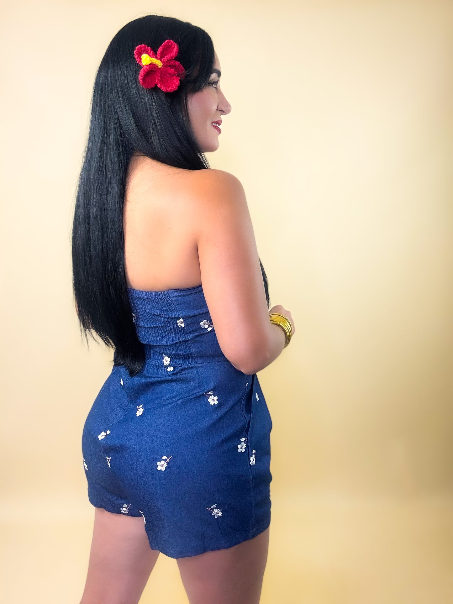 Embroidered Strapless Denim Romper