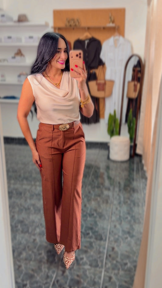 Brown Belted Spandex Wide Leg Pants