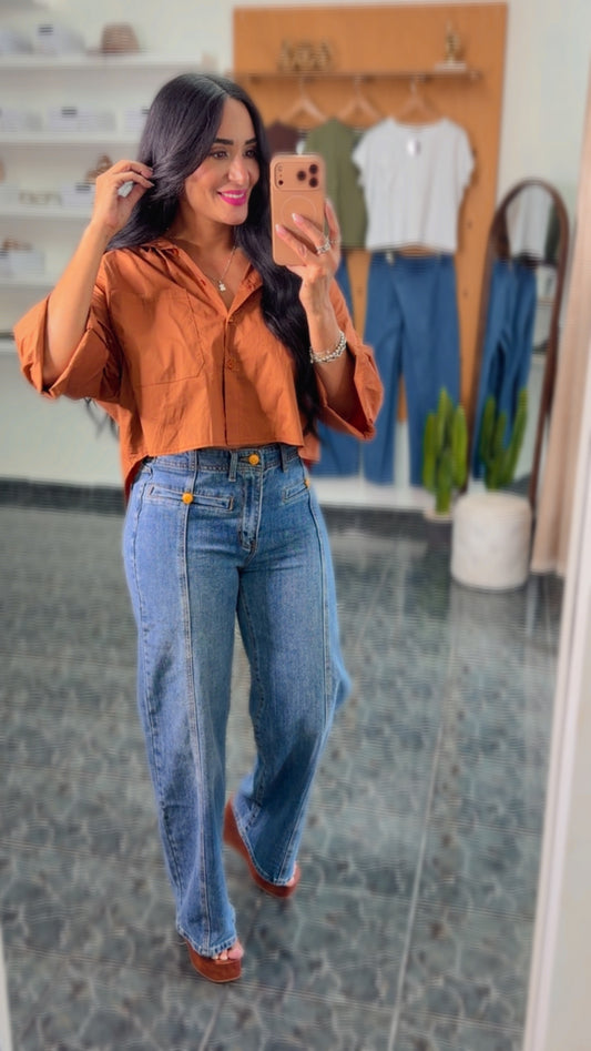 Golden Detail Wide Leg Jeans