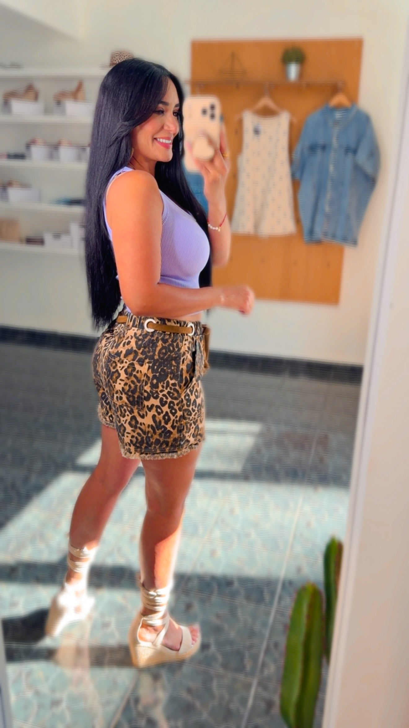 Animal Print Frayed Hem Denim Shorts
