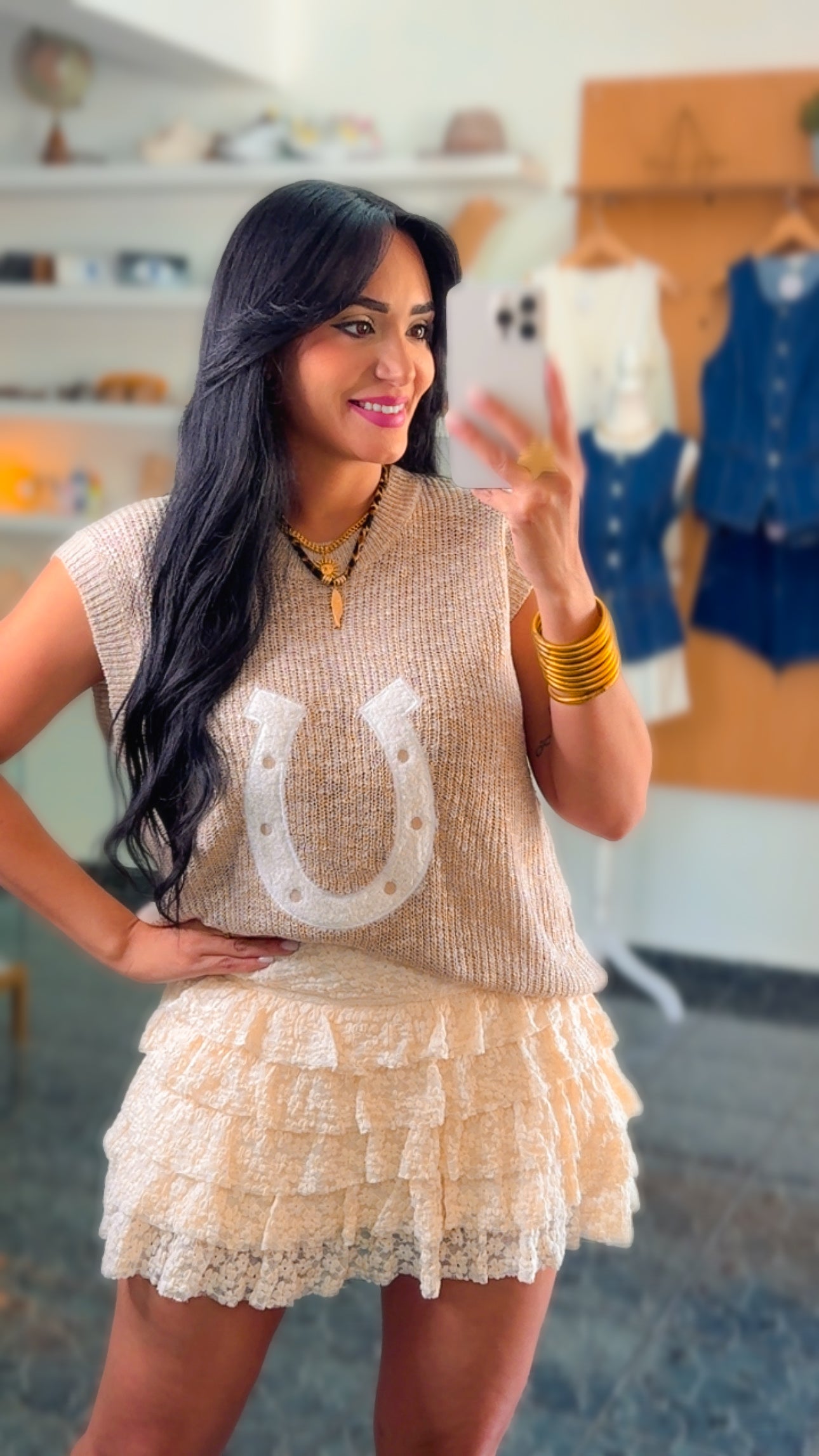 Taupe Horseshoes Crochet Top