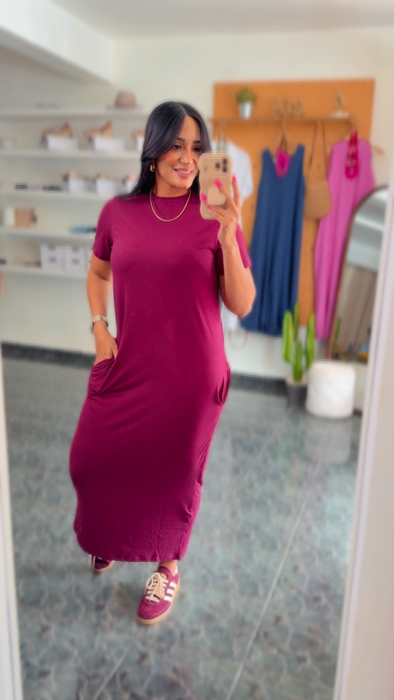 Burgundy Spandex Pocket Tee Dress