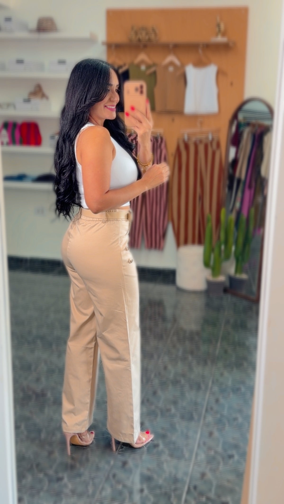 Beige Napoleon Belted Spandex Pants