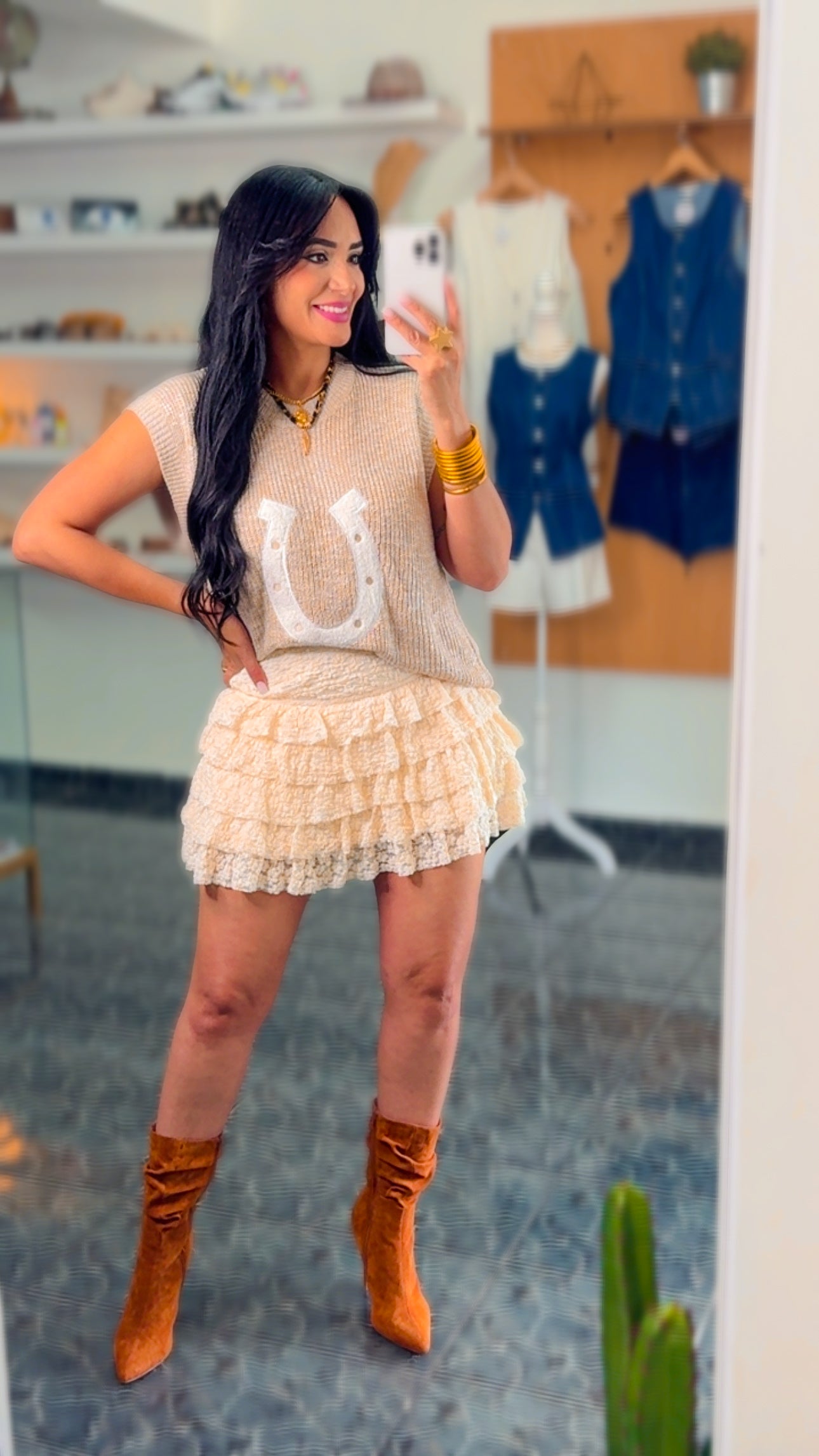 Taupe Horseshoes Crochet Top