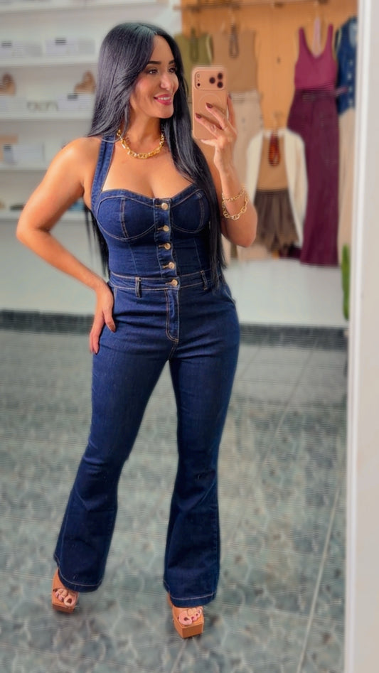 Dark Denim Halter Spandex Jumpsuit