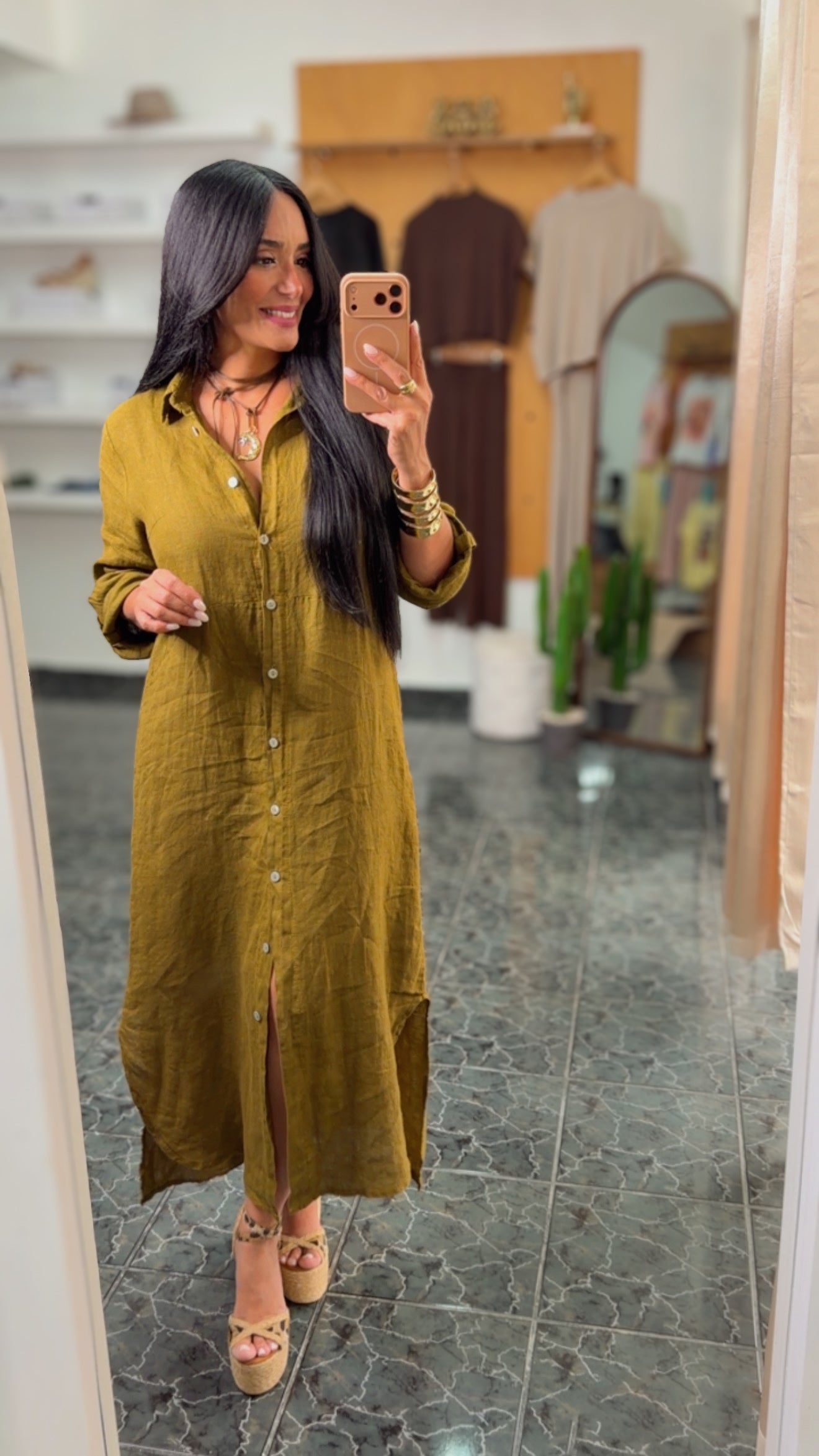 Italy Olive Linen Button Down Maxi Dress