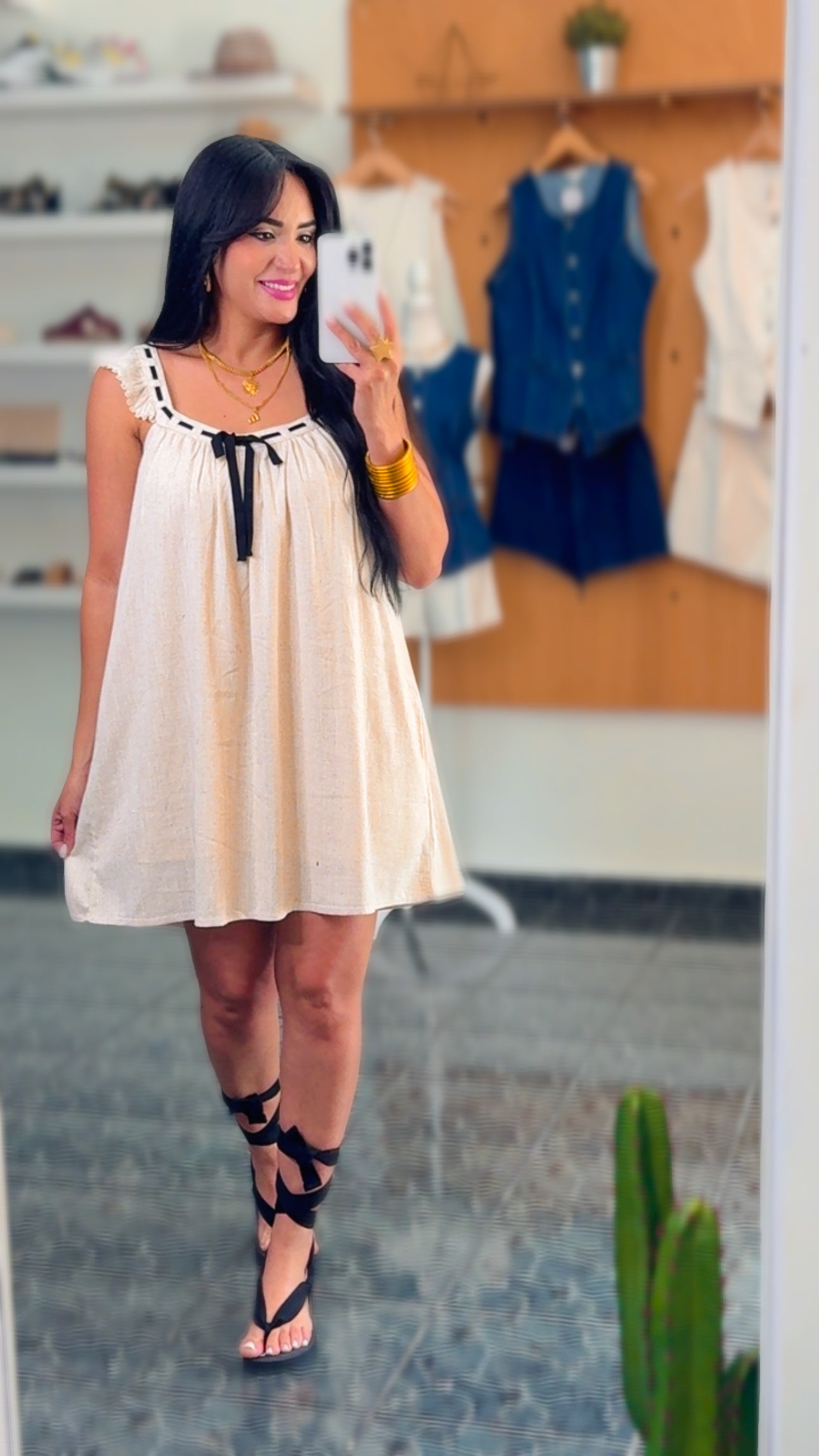 Oatmeal Linen Ruffle Sleeve Mini Dress