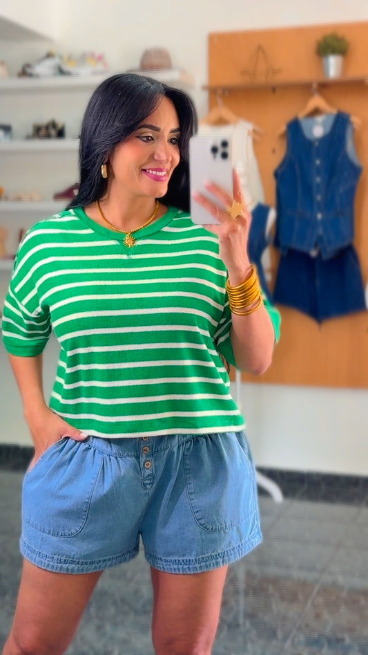 Green/ Oatmeal Stripes Textured Crop Top