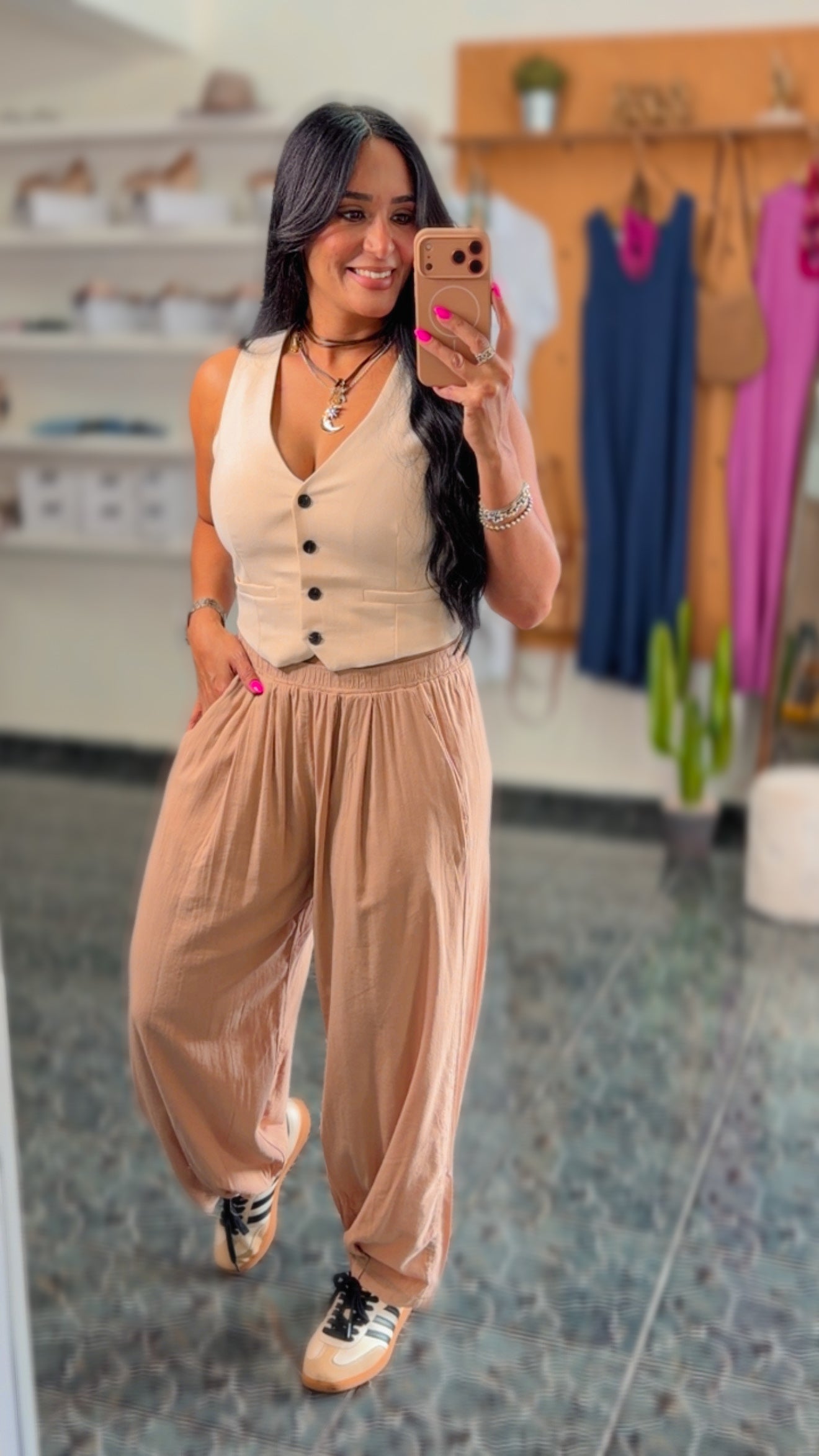 Tan Rayon Mid Rise Wide Leg Pants