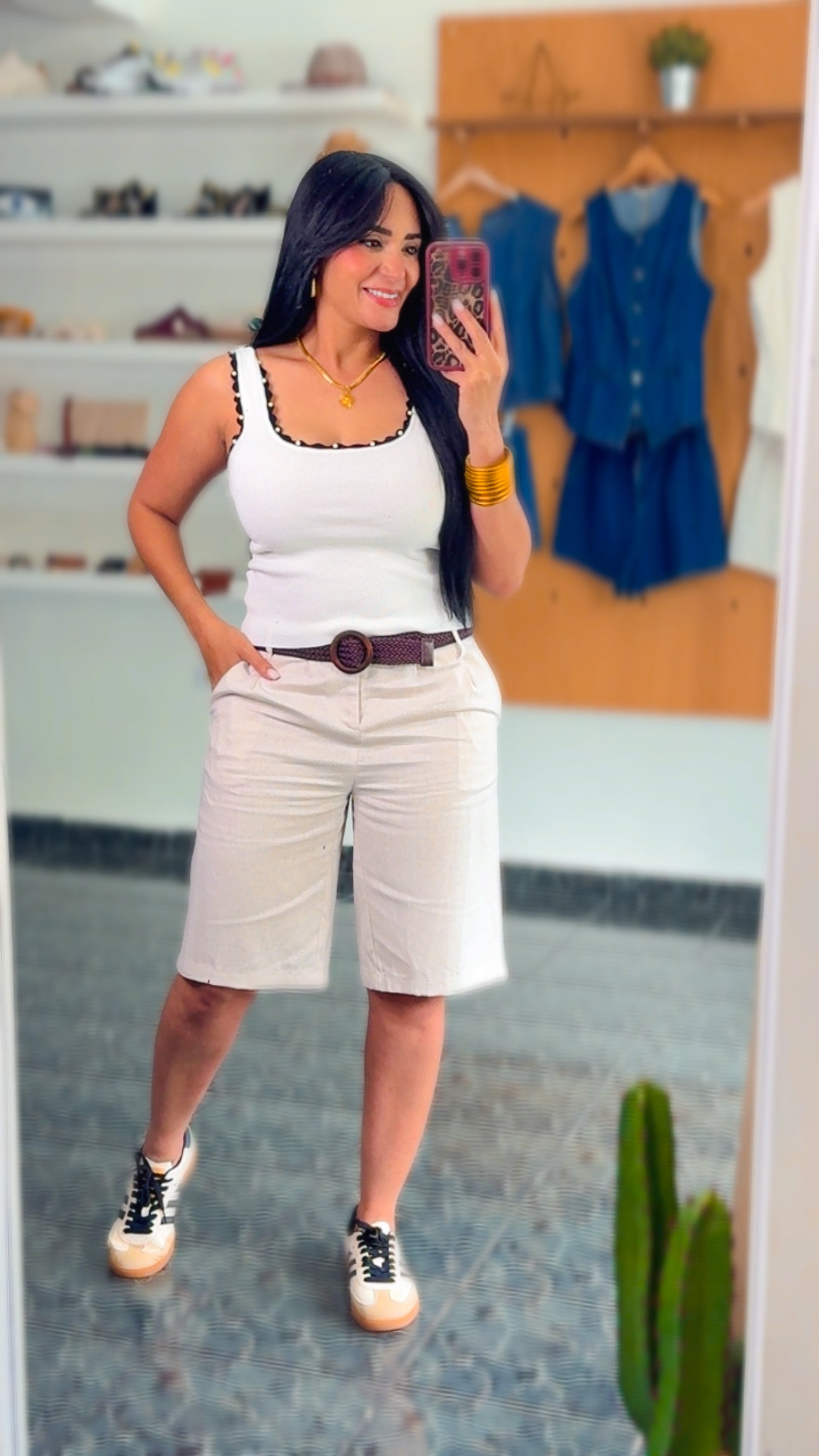 Natural Linen Belted Bermuda