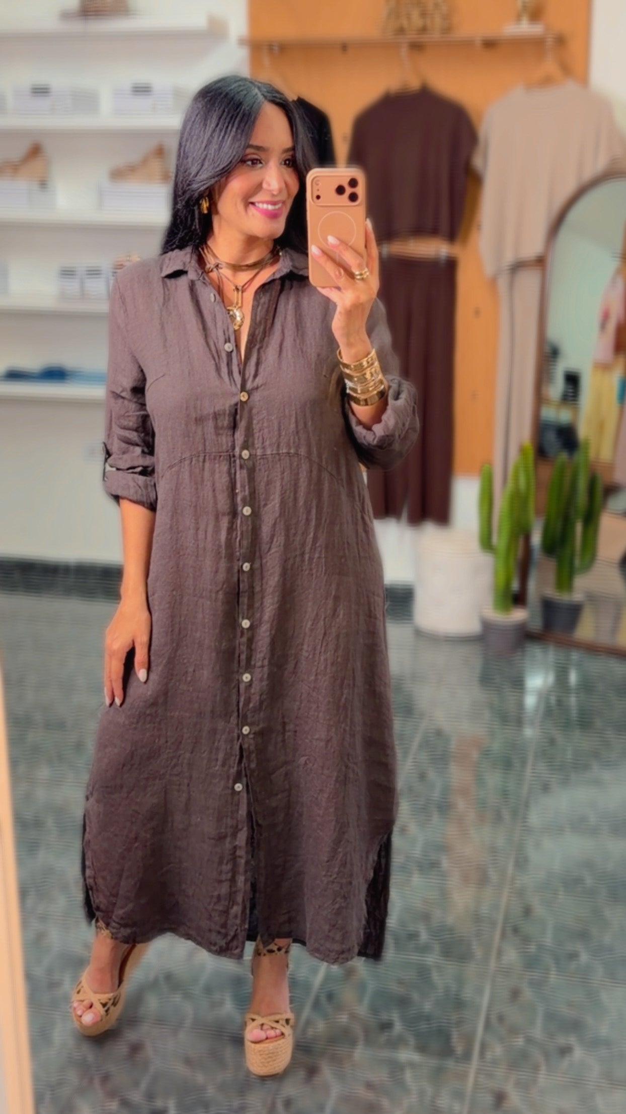 Italy Brown Linen Button Down Maxi Dress