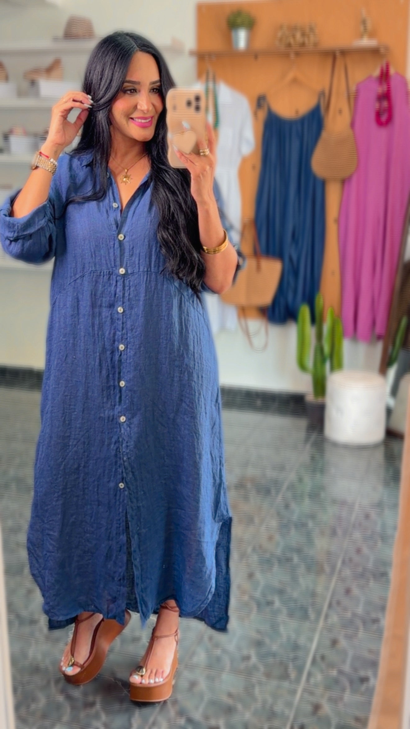 Italy Navy Linen Button Down Maxi Dress