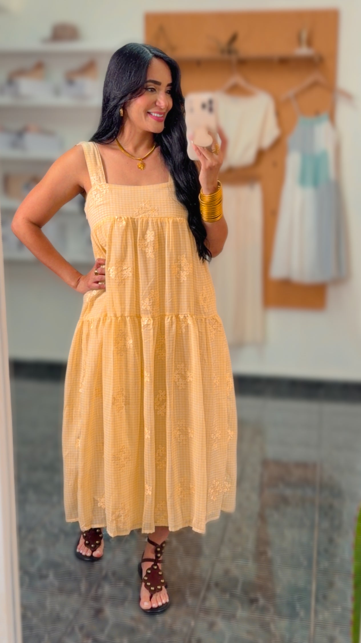 Yellow Embroidered Midi Dress