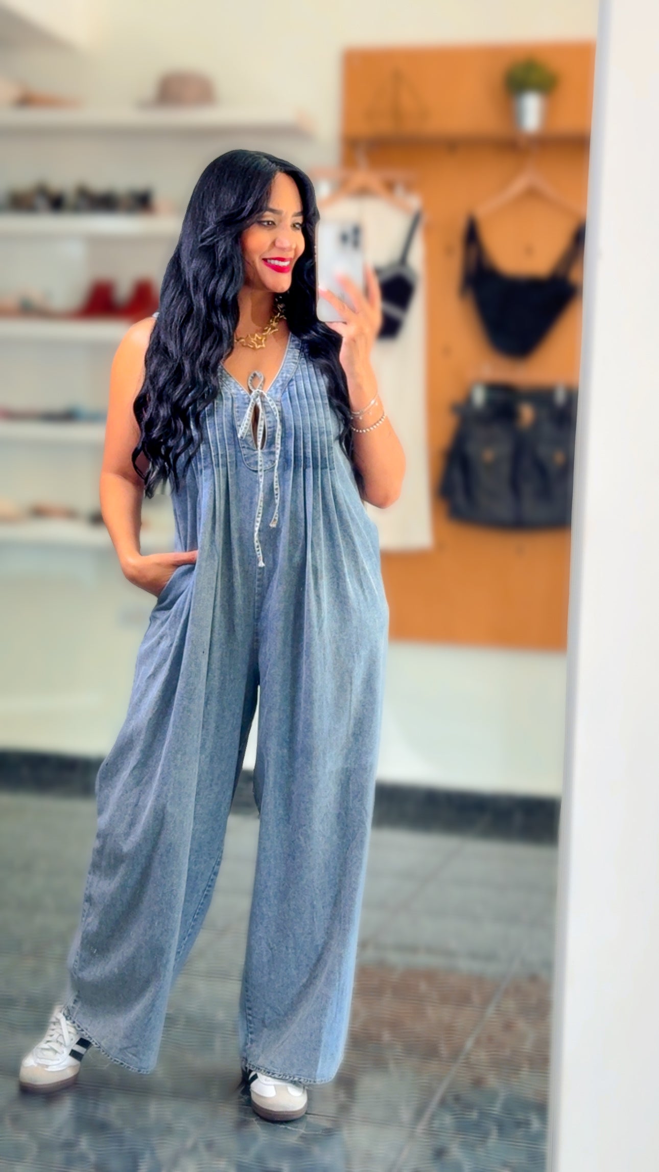 Washed Denim Wide Leg Jumpsuit