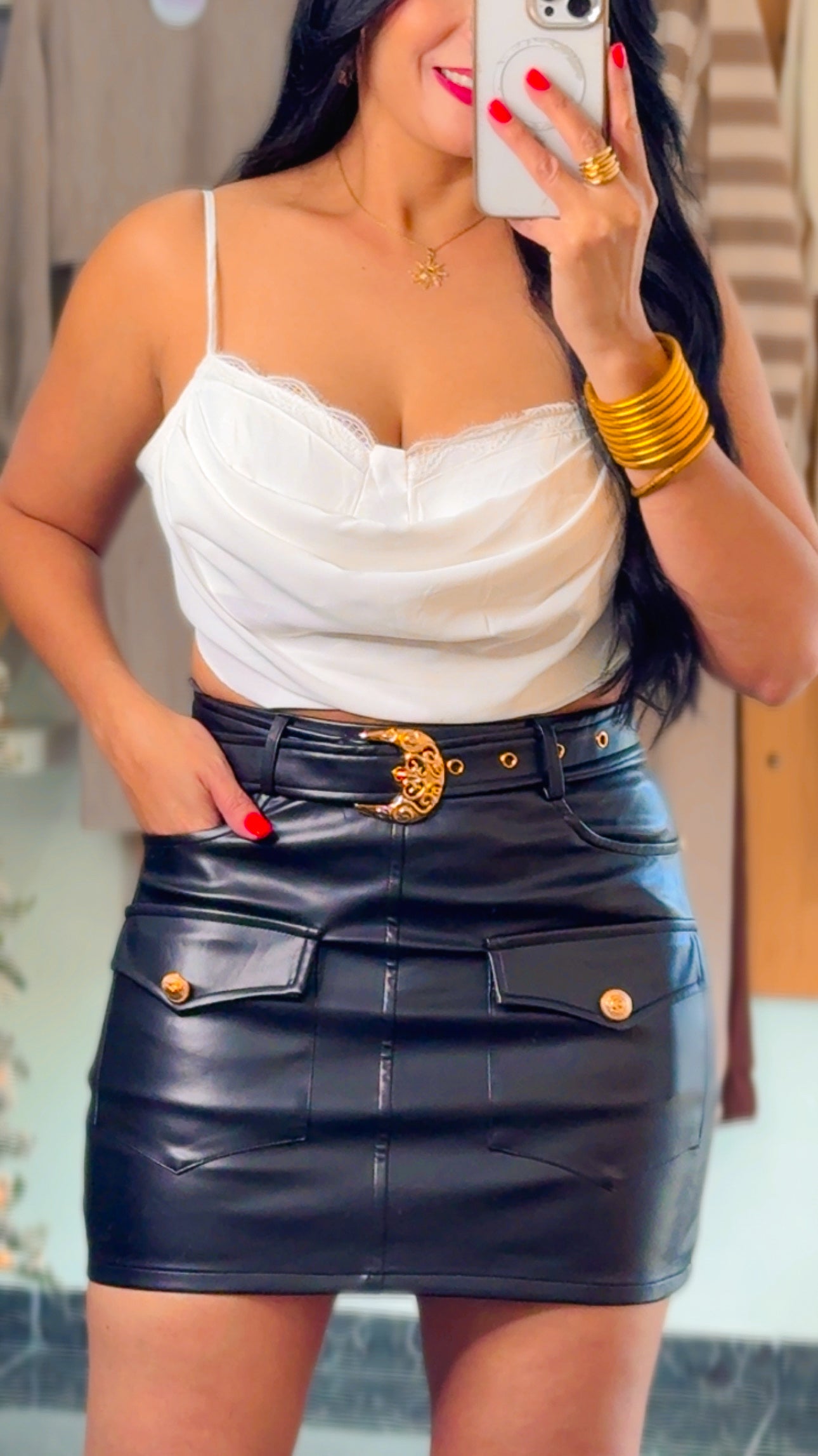 Black Leather Belted Skirt