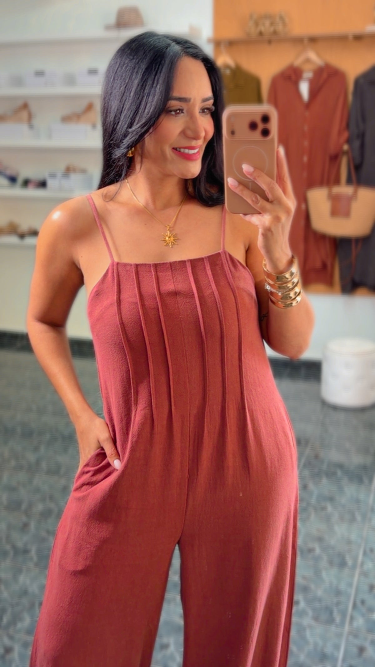 Rust Pleated Woven Jumpsuit