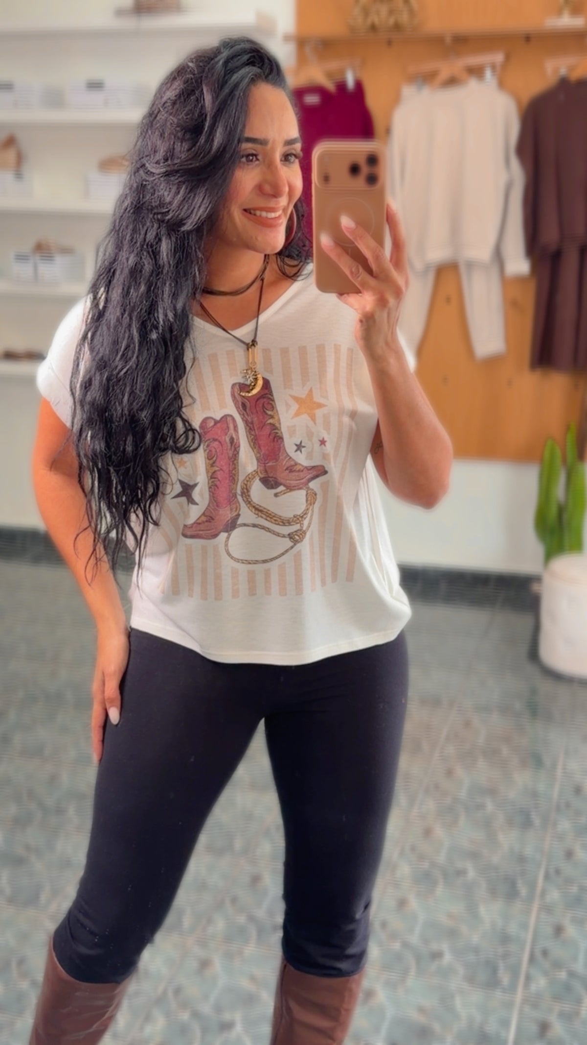 Ivory Cowboy Boots Print V Neck Top