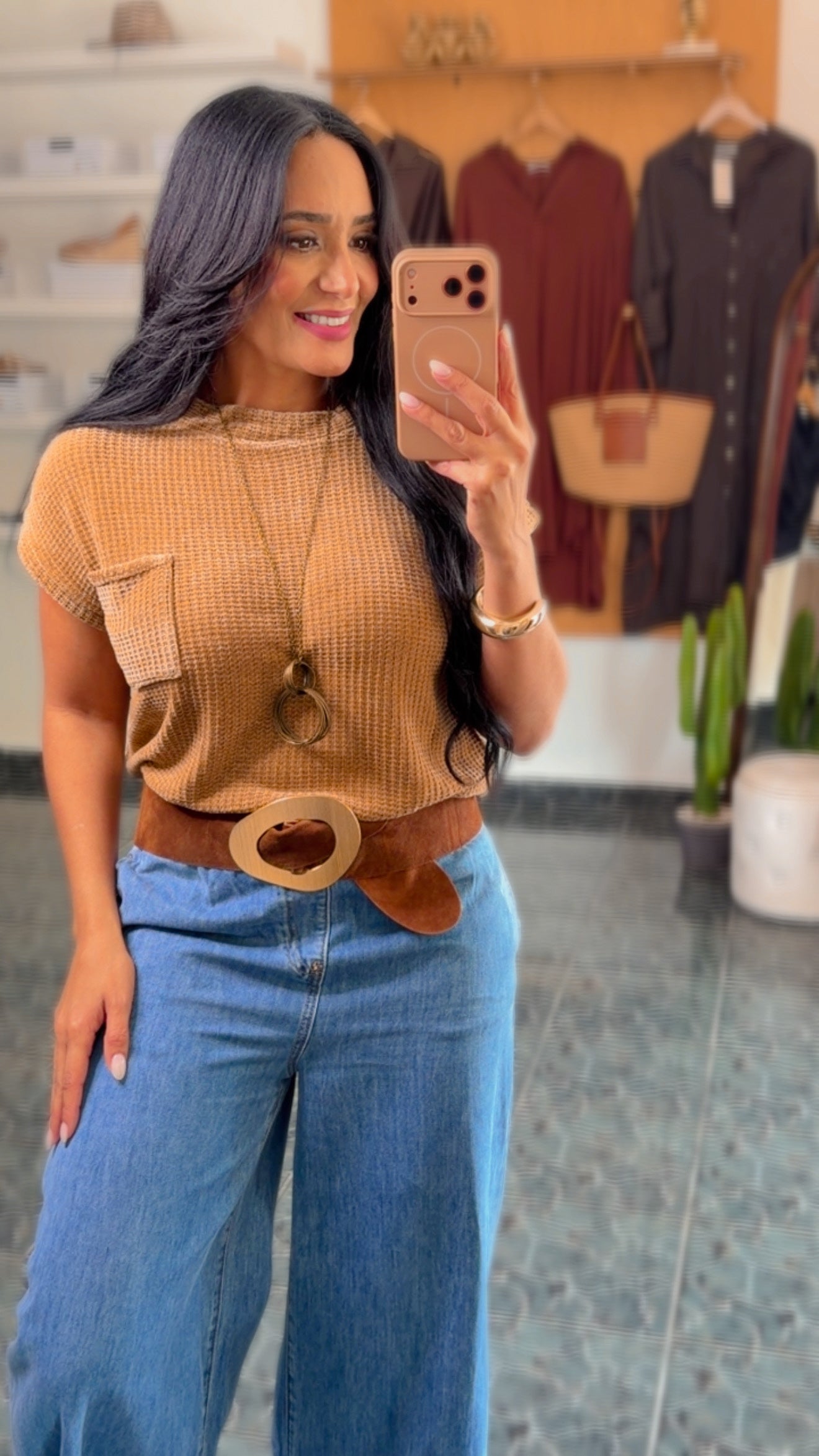 Mocha Waffle Front Pocket Top