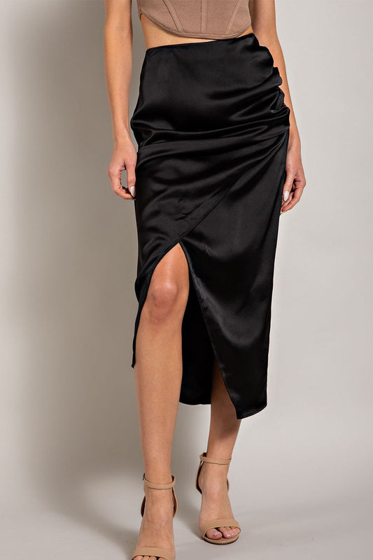 Black Satin Ruched Midi Skirt