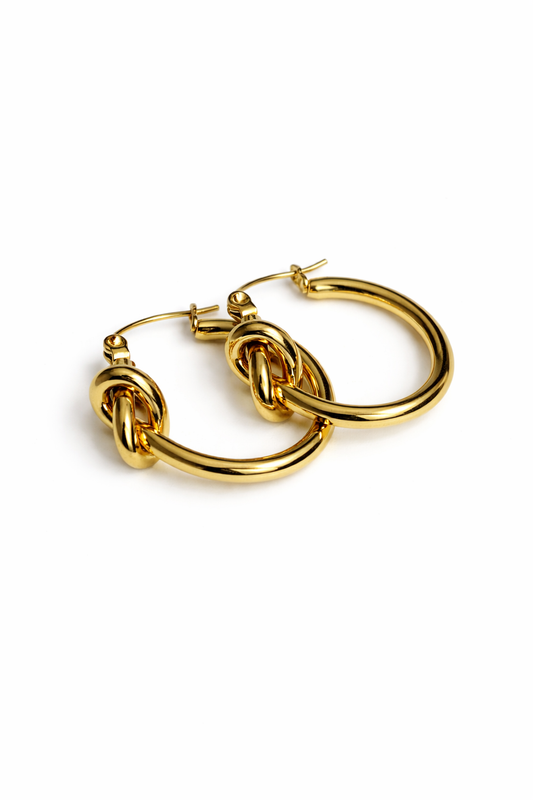 18K Gold Pleated Waterproof Stainless Knot Hoop Earrings