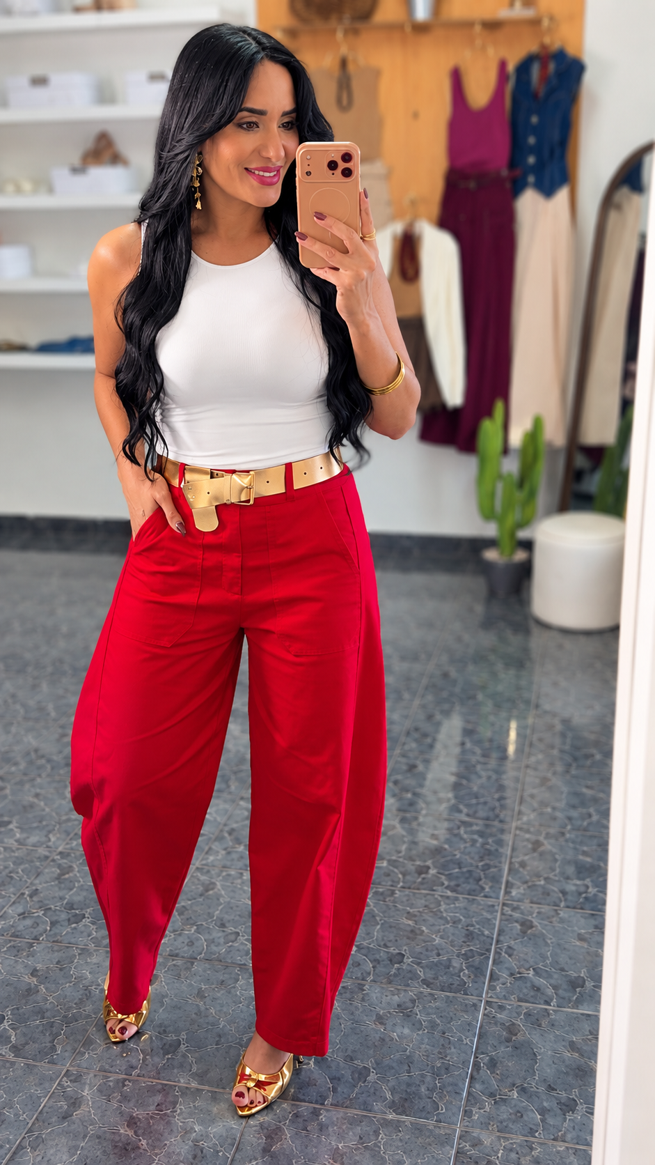 Italy Red Belted Slouchy Barrel Pants