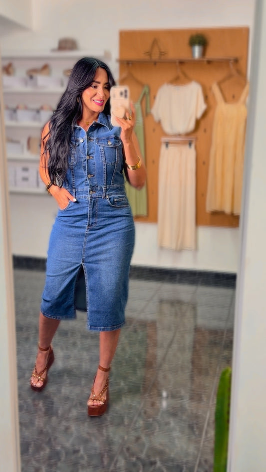 Denim Utility Spandex Midi Dress